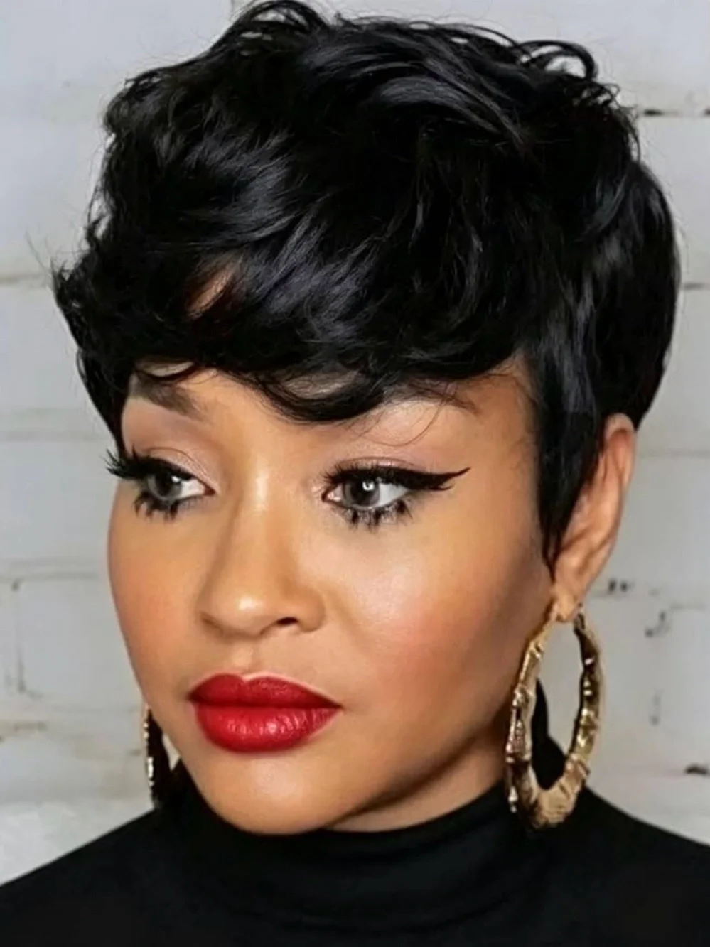 Short Curly Pixie Wig Black With Bangs